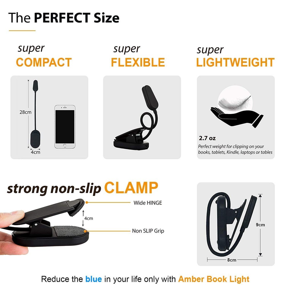 Amber Book Light - Rechargeable, Blue Light Blocking, Giftable Kindle Light