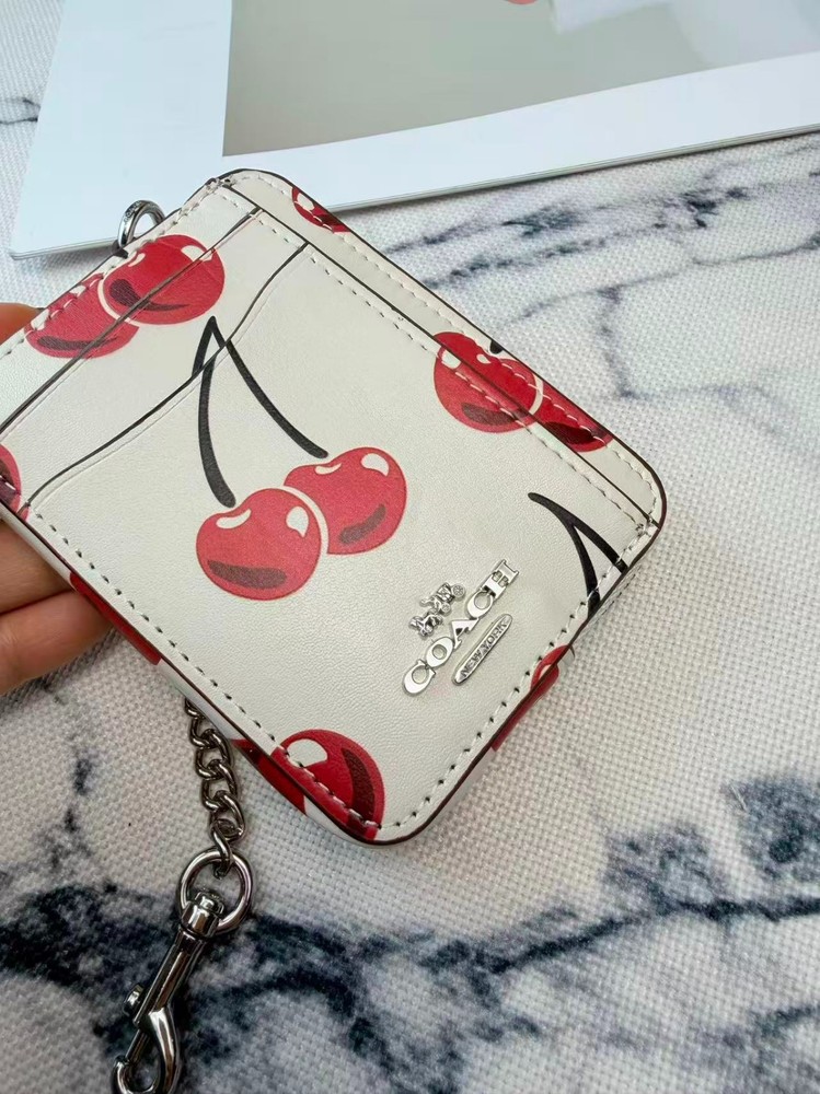 NWT Coach Zip Card Case With Cherry Print CZ761 Silver/Chalk Multi