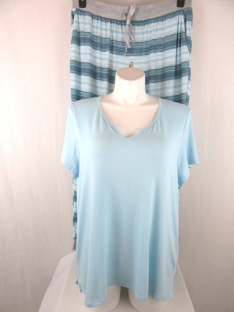 MUK LUKS Size 2X Blue Aquatic Dream Knit Split V-Neck Top and Jogger Lounge Set