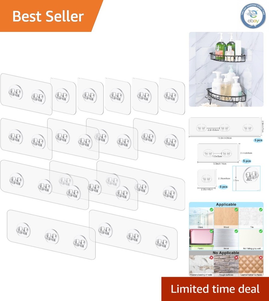 Clear Shower Shelf Adhesive Hooks - 15 Pack, Rust-Proof & Mildew Resistant