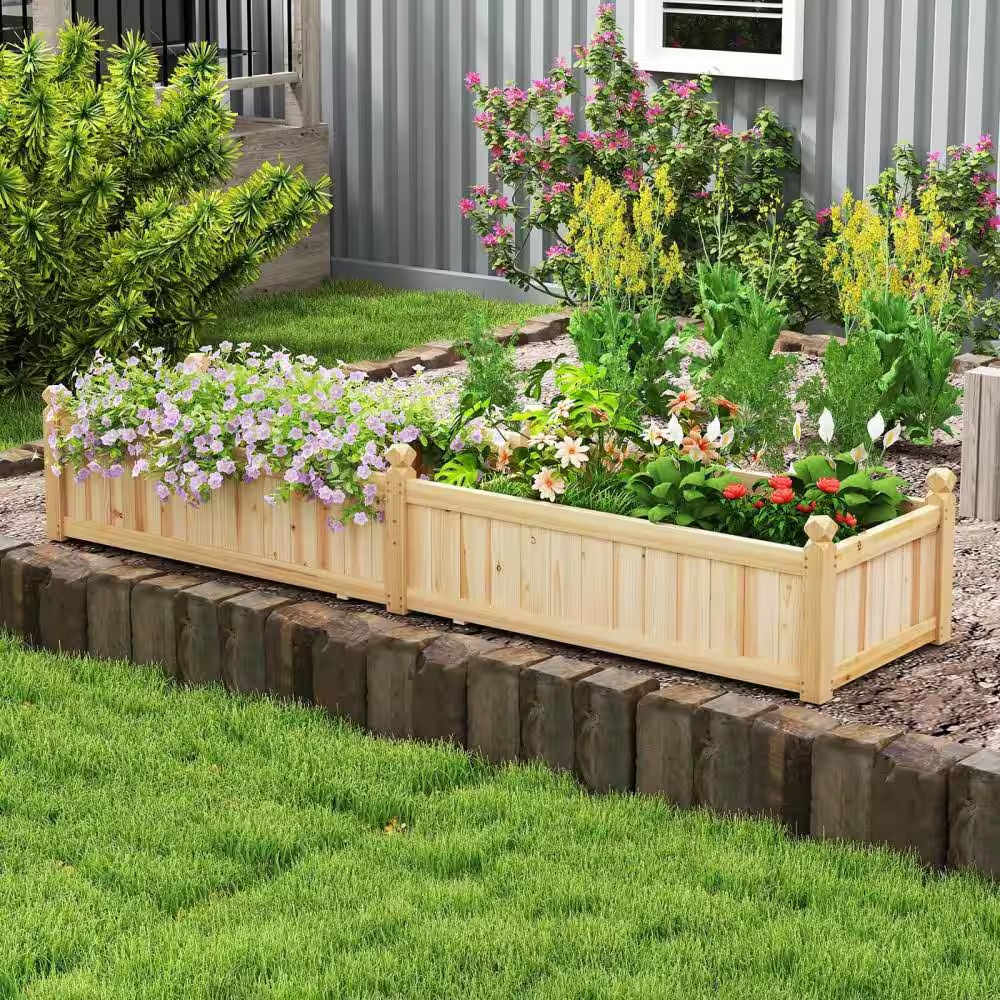 Wood Raised Garden Bed Outdoor Rectangular Planter Box with Drainage Holes Natur