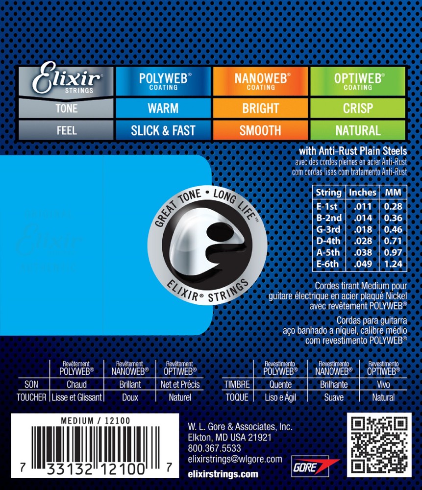 Elixir® 12100 Electric Strings POLYWEB® Coating, Medium (.011-.049)