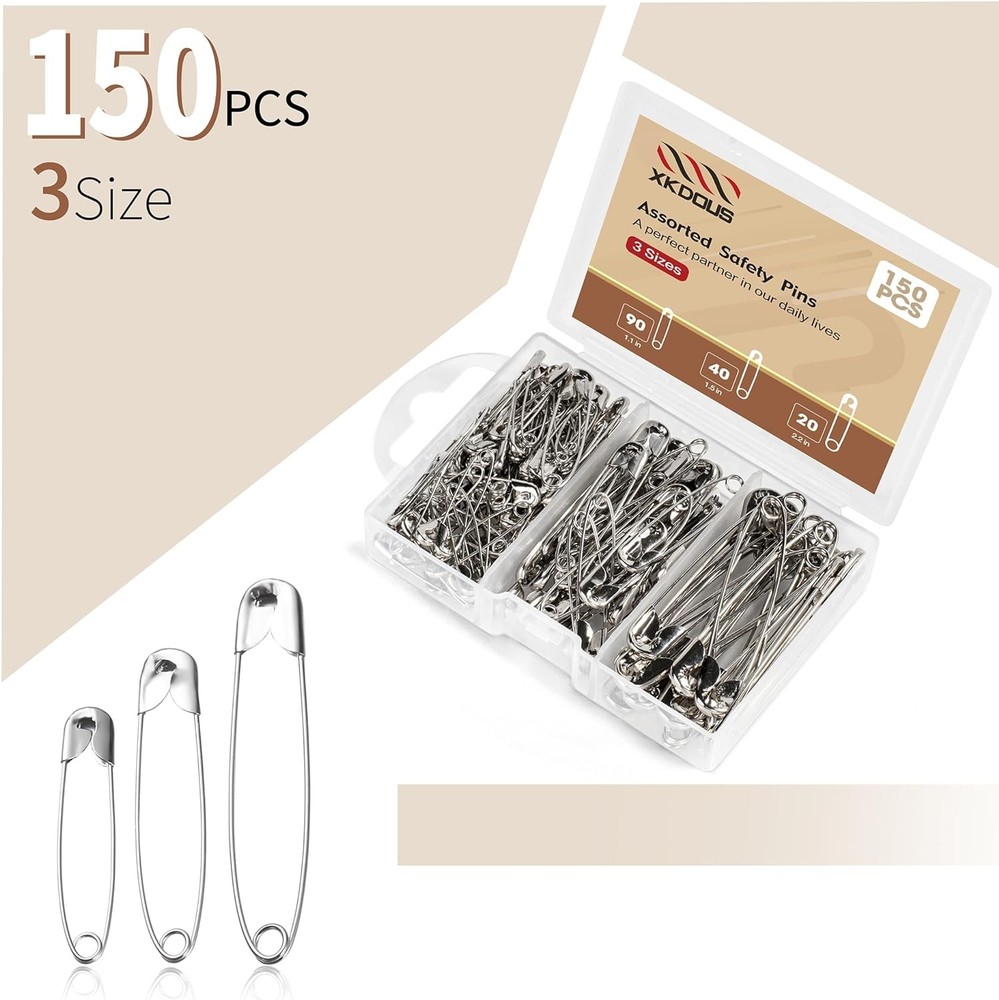 150 Pcs Silver Safety Pins Assorted Sizes Bulk