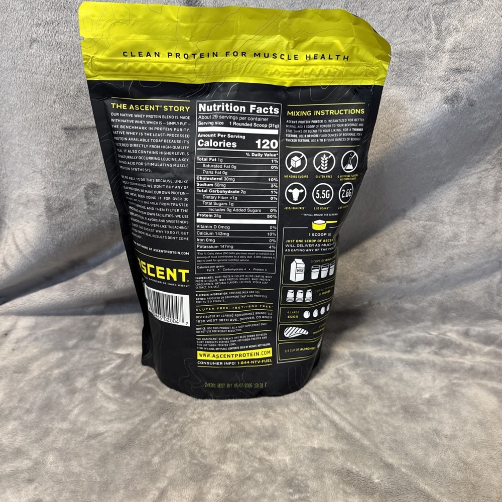 Ascent 100% Whey Protein Powder - Post Workout Whey Protein Isolate Vanilla Bean