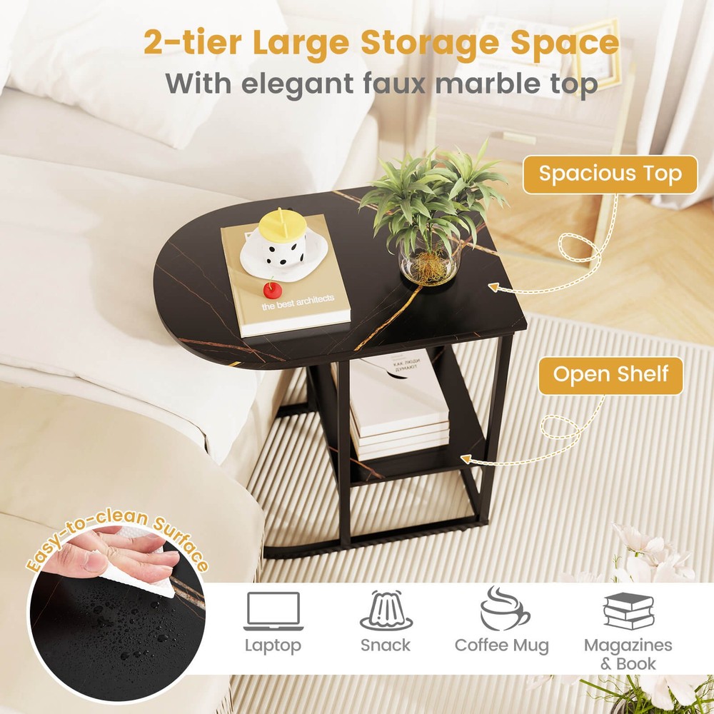 2PCS C-Shaped Side Table Compact 2-tier Storage End Table for Small Space Black