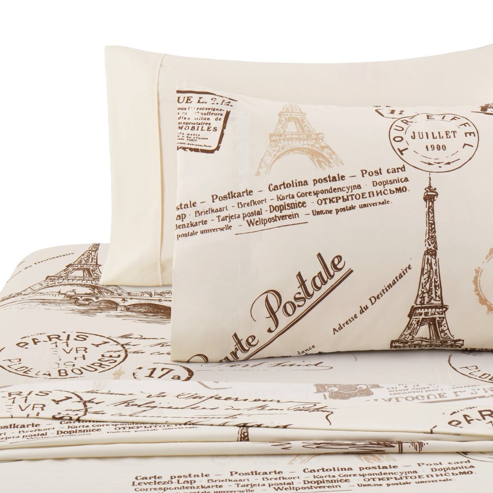 Rayon from Bamboo Deep Pocket 6 Piece Printed Sheet Set, Eiffel Tower Ivory Full