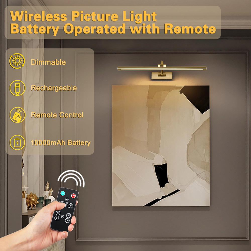 Wireless Picture Lights with Remote and Timer Rechargeable Brass Gallery Lightin