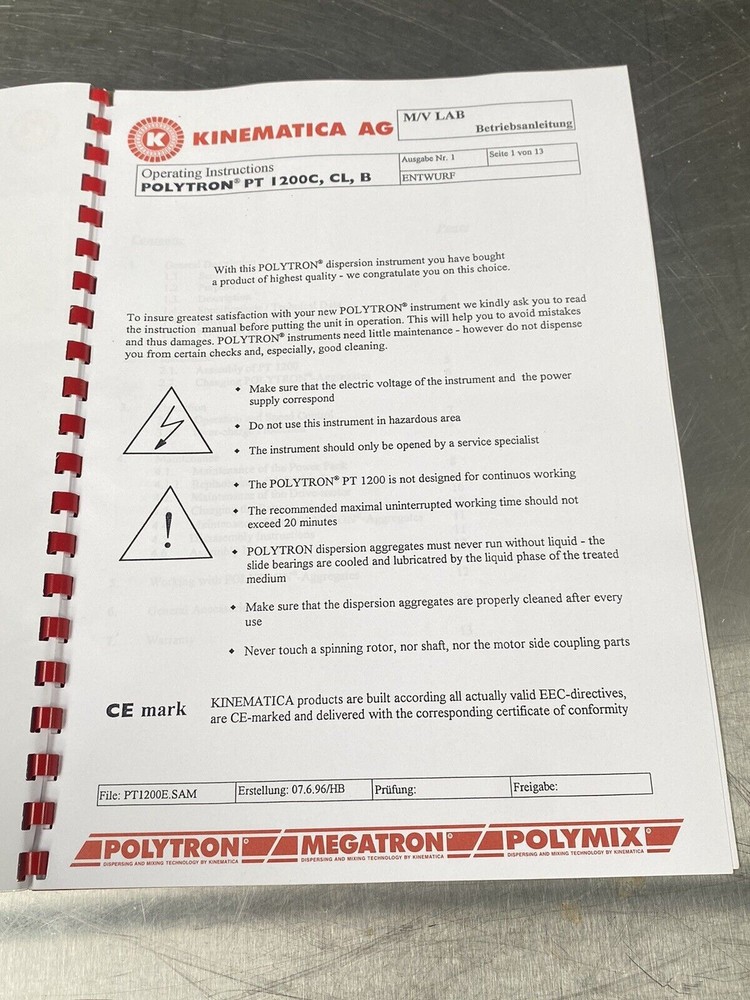 Kinematica AG Polytron PT 1200 - Users Manual/Instructions Book