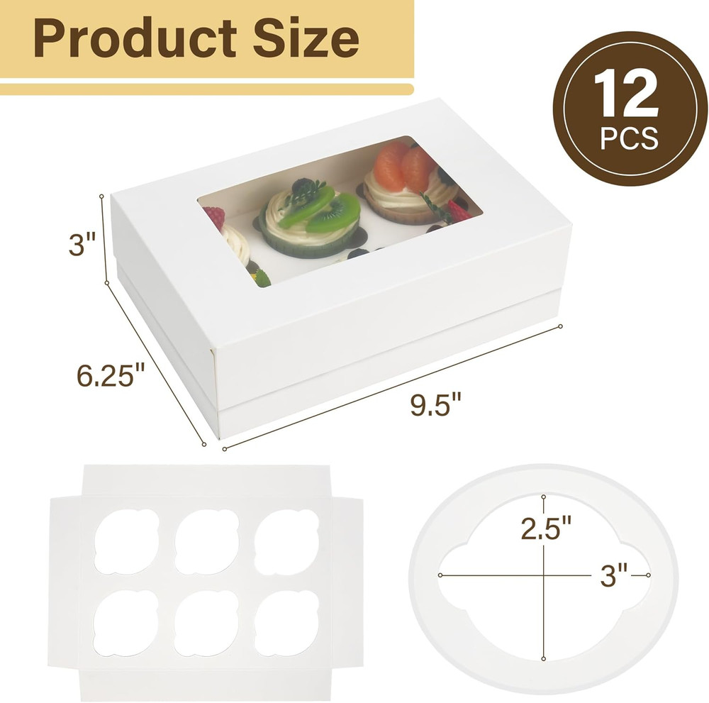 12 Pack Cupcake Boxes 6 Count, Pre-Folded Cupcake Carrier with Window Holding 72