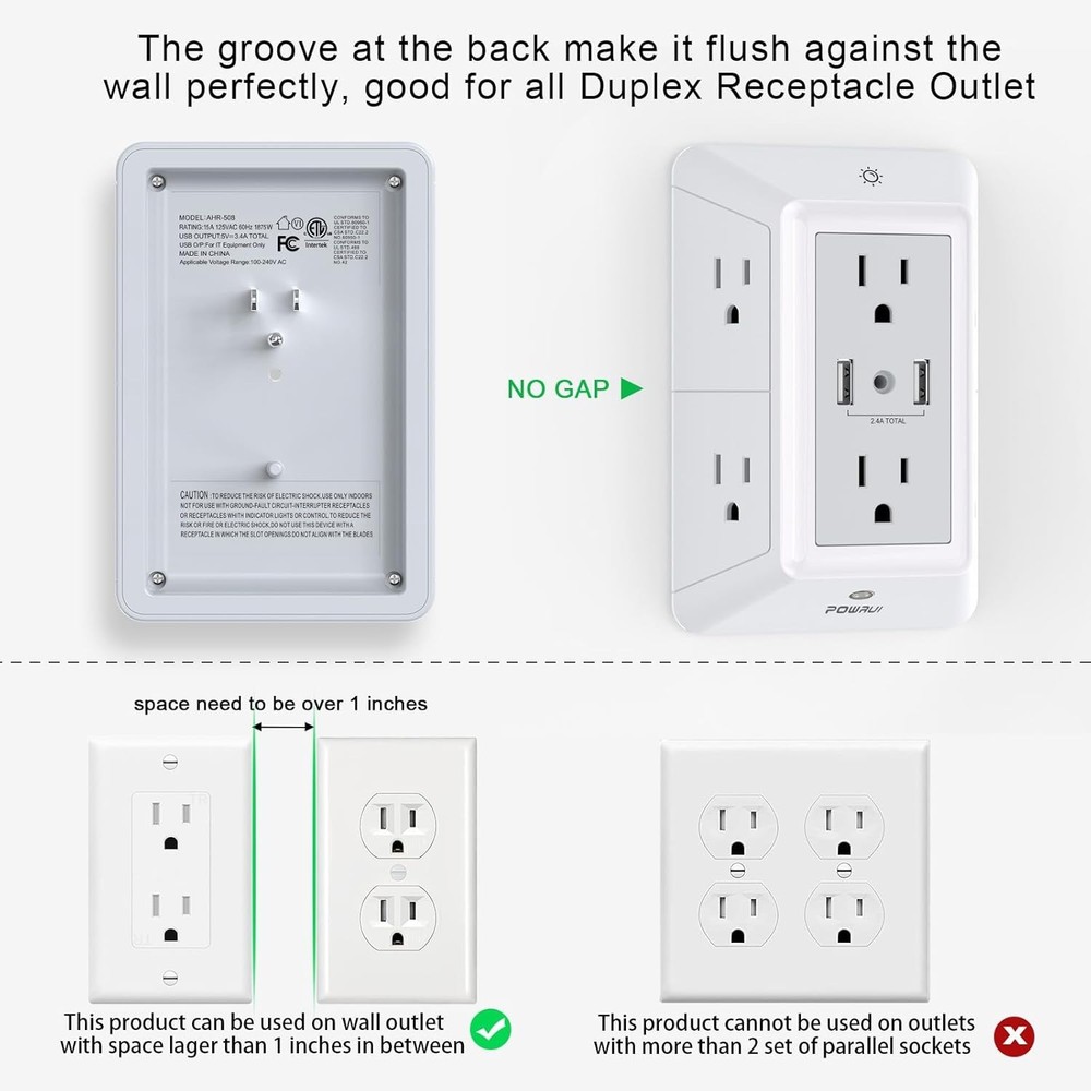 Stylish Grey 6-Outlet Extender with USB Ports & Smart Night Light Function