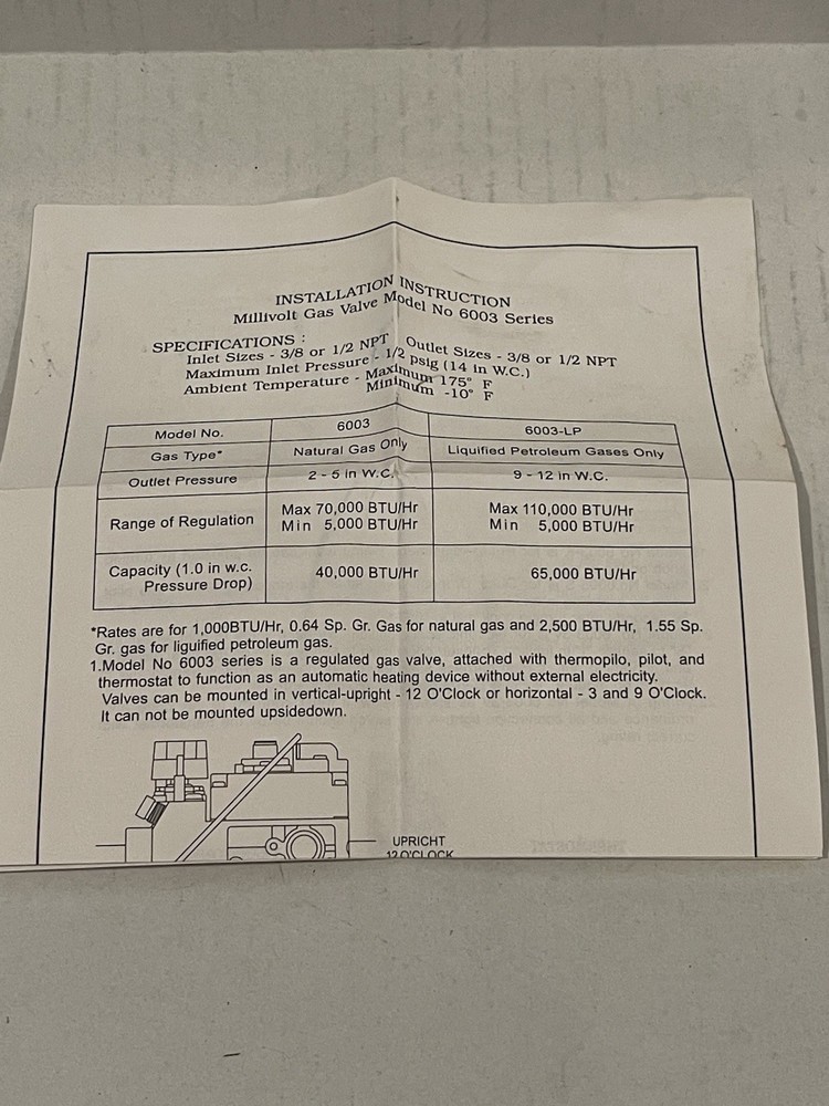 Dexen 6003 Series Replacement Millivolt Valve,