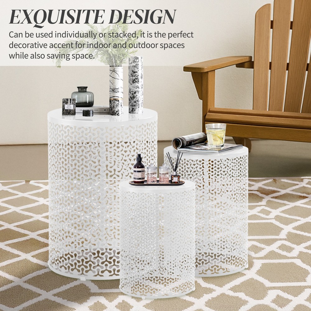 3PC Patio Nesting Side End Tables Shamrock Pattern Round Metal Frame for Outdoor