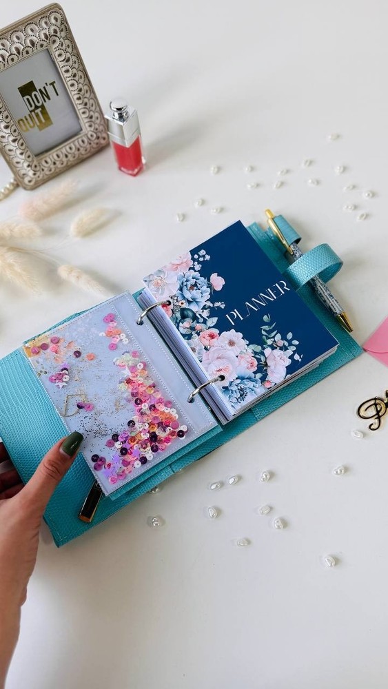 Mint blue leather planner-wallet cover A7 binder. Handmade gift.