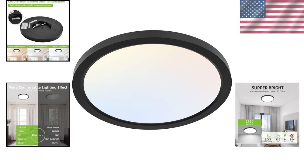 12 Inch LED Round Flat Panel Light - 3 Color Temperatures, 24W Flush Mount