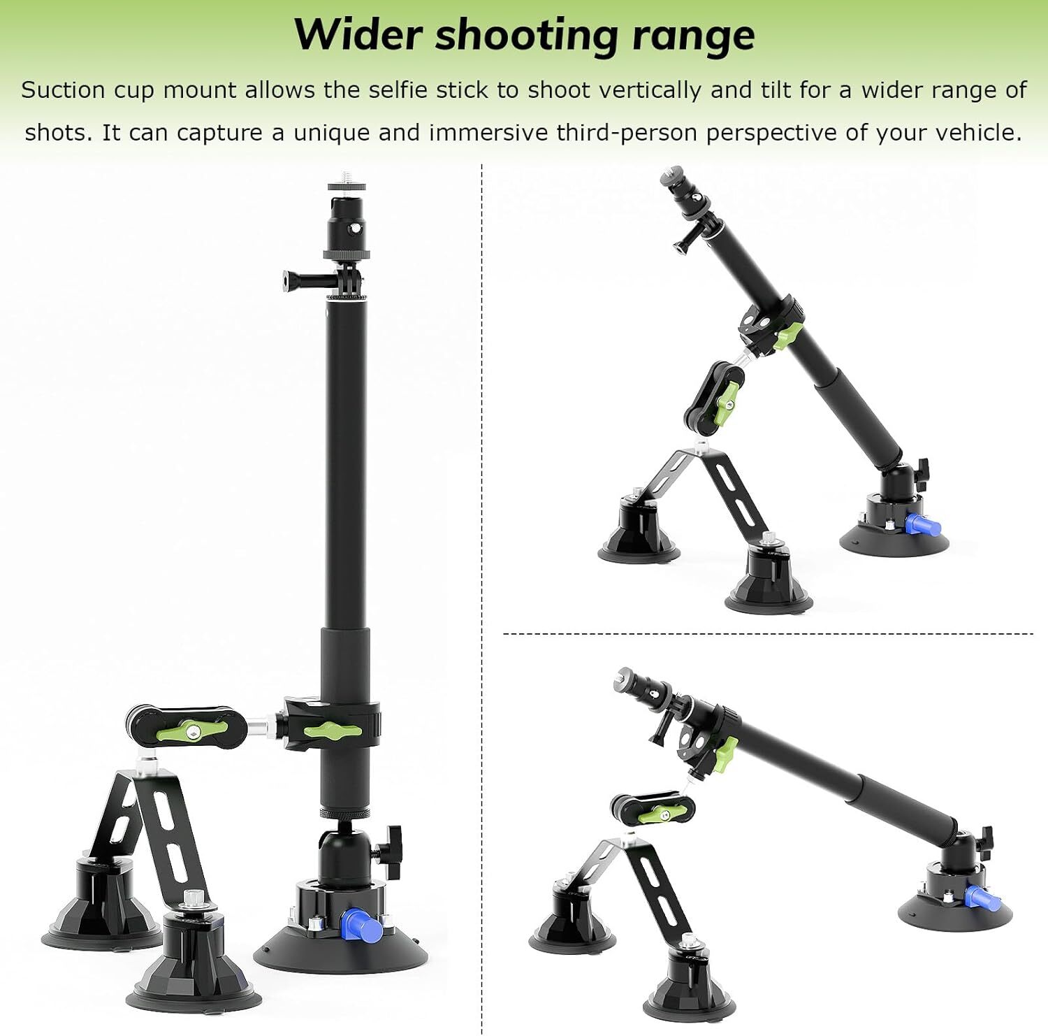 Triple Suction Cup 360 Camera Car Mount,with 2in1 Extension Pole/Selfie Stick