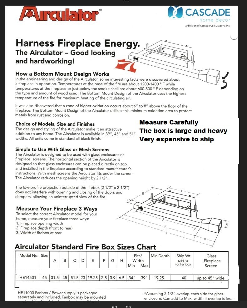 Airculator Masonry Wood Fireplace Blower Heat Exchanger Add 20K Btu's HE14501