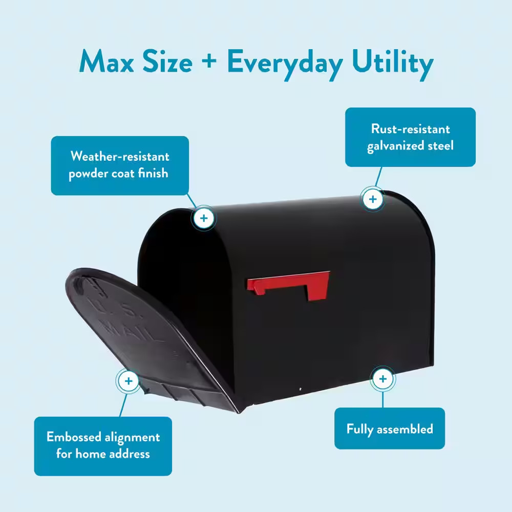 NEW Extra Large Steel Post Mount Mailbox Black Rust Resistant Galvanized Steel
