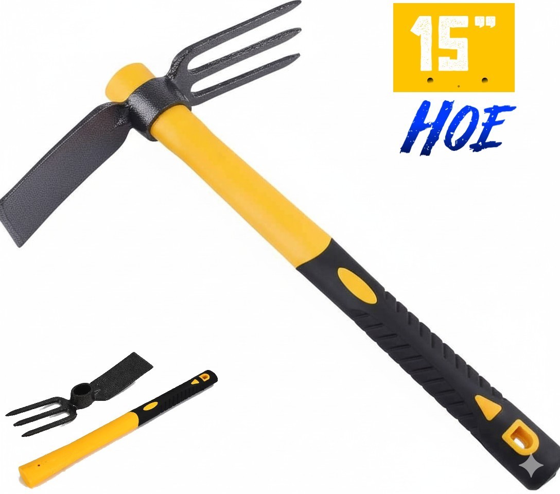 3 Sprongs Hoe Garden Rake with 15" Non-Slip Handle Tools for Digging