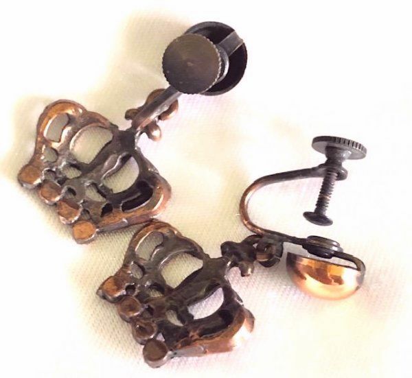 Vintage COPPER Openwork CROWN Shaped Drop EARRINGS,fjt