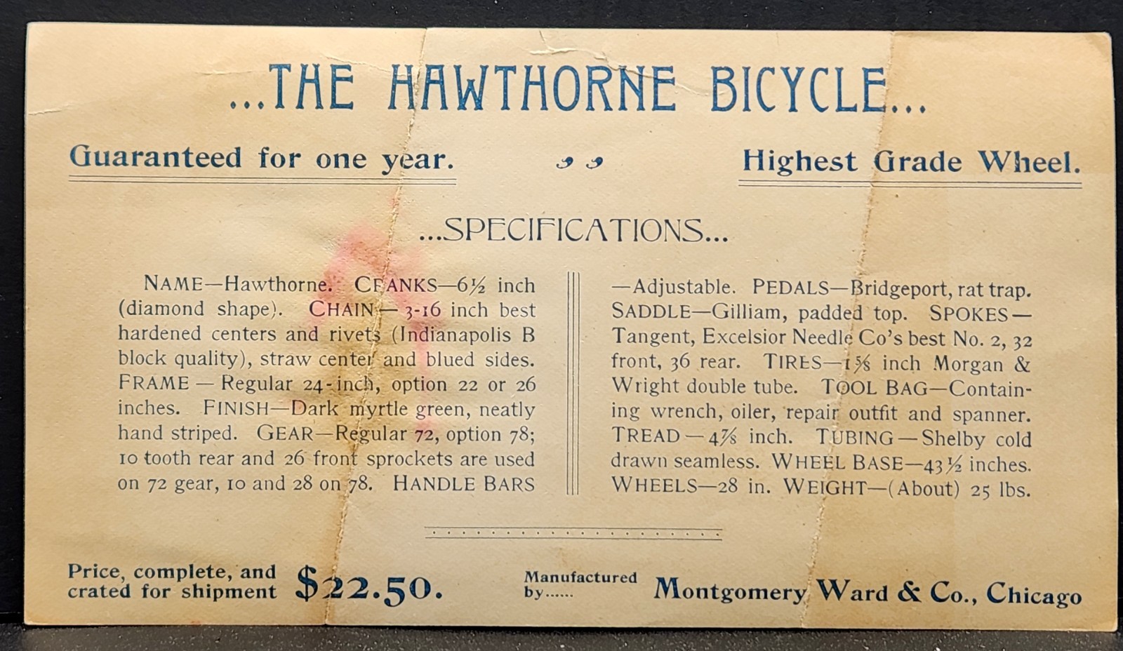 High Grade Hawthorne Bicycle Flyer Montgomery Wards Co. Chicago c.1900s-1910s