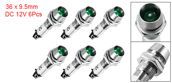 6pcs Indicator Light DC 12V Green Metal Shell Panel Mount 5/16" 8mm