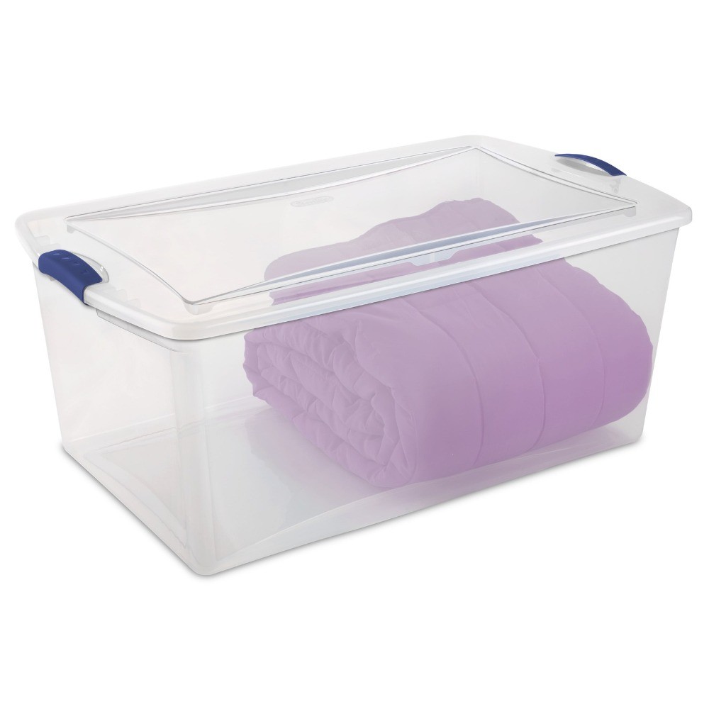 105 Quart Latch Box, Clear Plastic Storage Bin with Clear Lid, Blue Latch