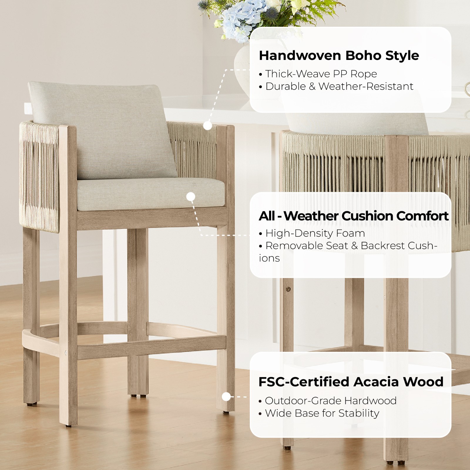 CHITA Cord Braid Barstools Set of 2,Modern Outdoor Woven Rope Counter Stools