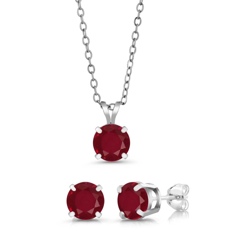 3.00 Ct Round 6mm Red Ruby 925 Sterling Silver Stud Pendant Earrings Set