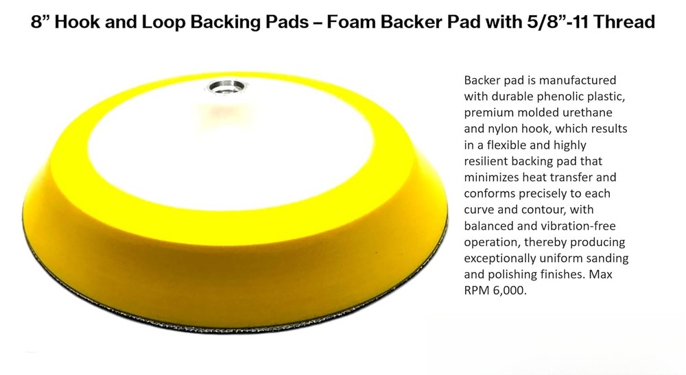 8-inch premium hook-and-loop backing plate,