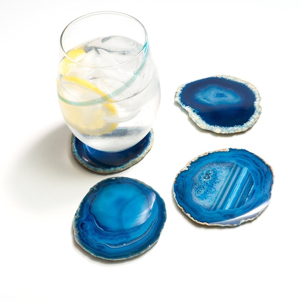 JIC Gem Silver Plated Dyed Blue Agate Coasters, 6 pcs Set, 3-4", with Rubber ...