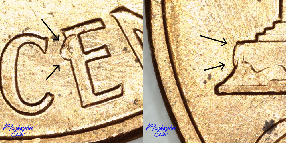 1960 D Lincoln Memorial Cent - Abnormal Reverse Die Chips - Rare Error Coin- BU