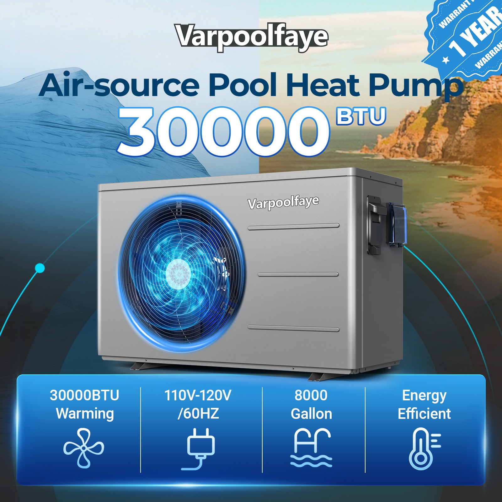 Varpoolfaye Above Ground Pool Heat Pump for Inground Swim Pool Heater 30000BTU