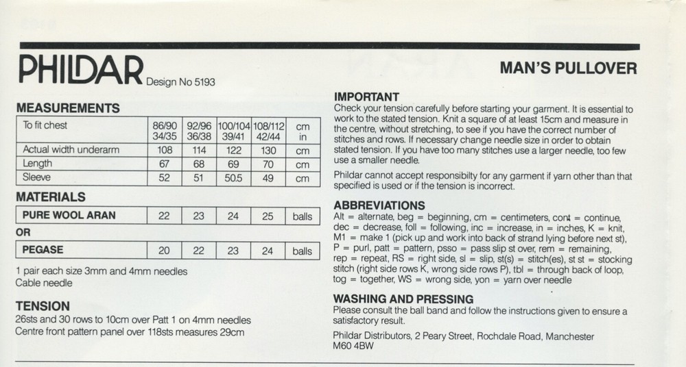 Phildar KNITTING PATTERN #5193 Aran Man's Pullover 34-44