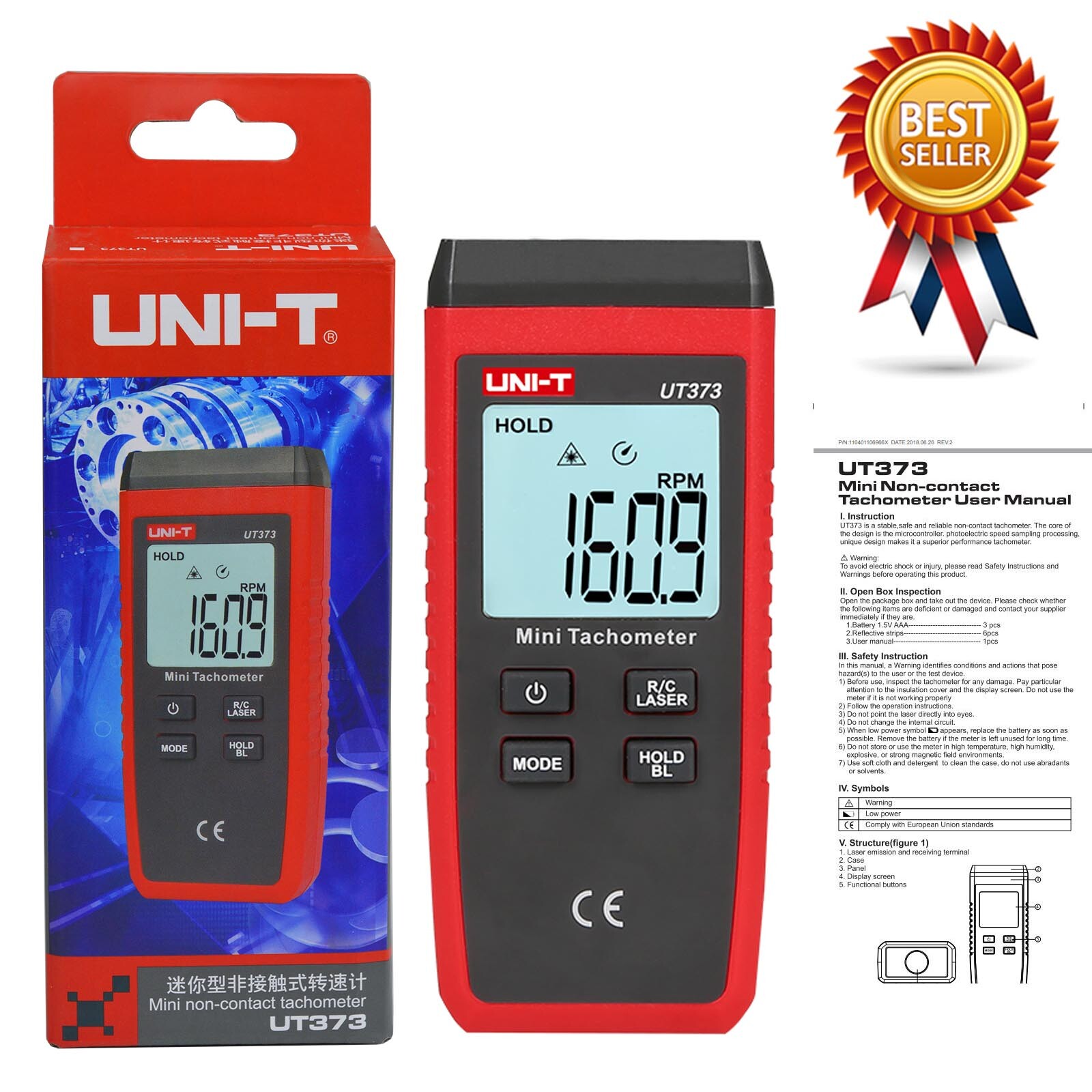 UNI-T UT373 LCD Digital Mini Non-contact Laser Tachometer RPM Speed Tester✦Kd