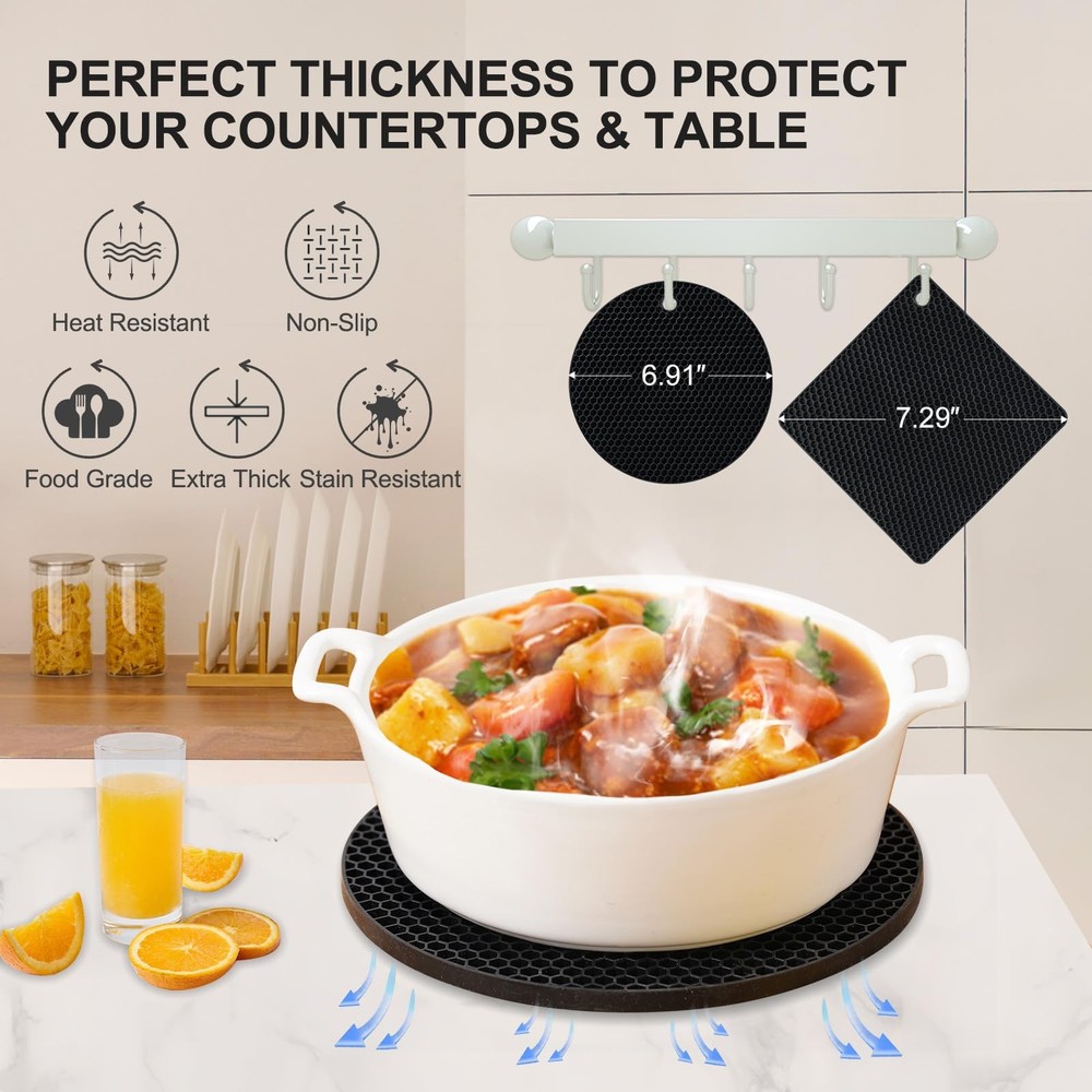 Kitchen Silicone Trivets 4 Pack, Hot Dish Protector, BPA Free, Black