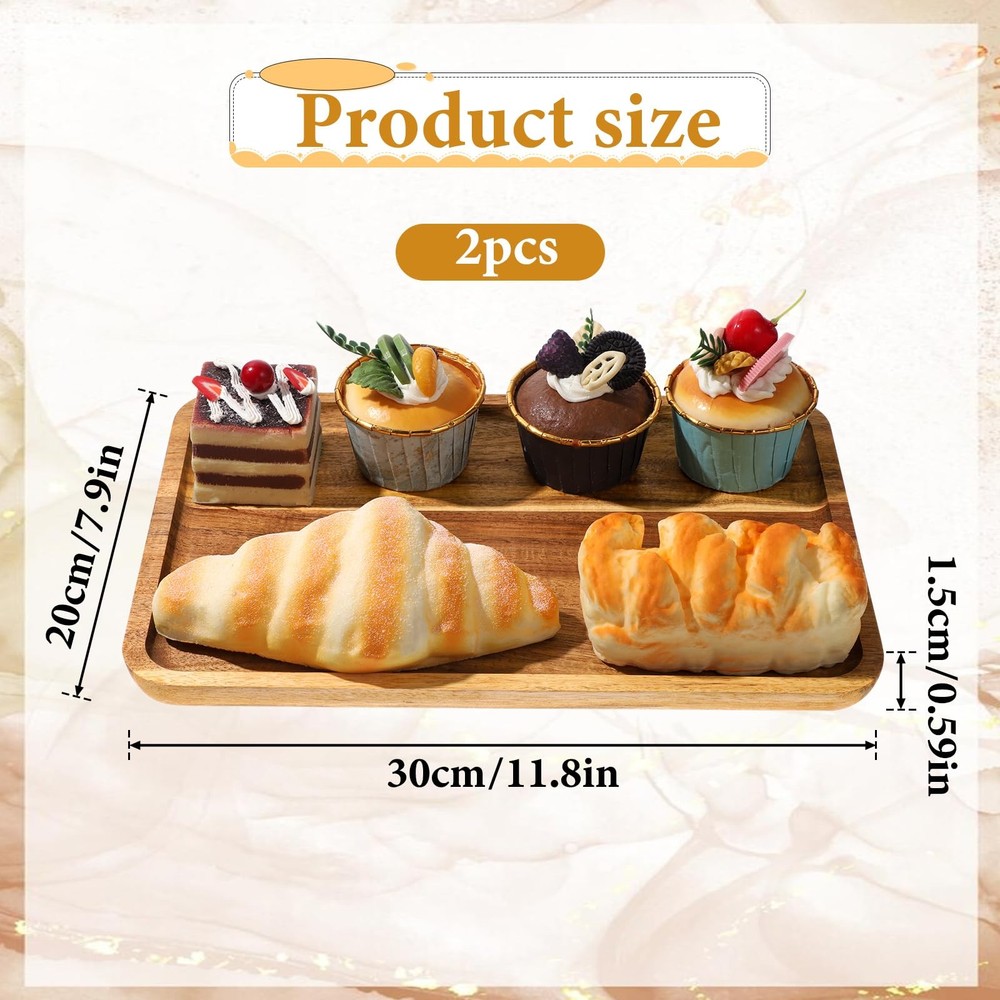 2 PCS 11.8x7.8 Solid Acacia Wood Serving Trays Rectangular Wooden Platters