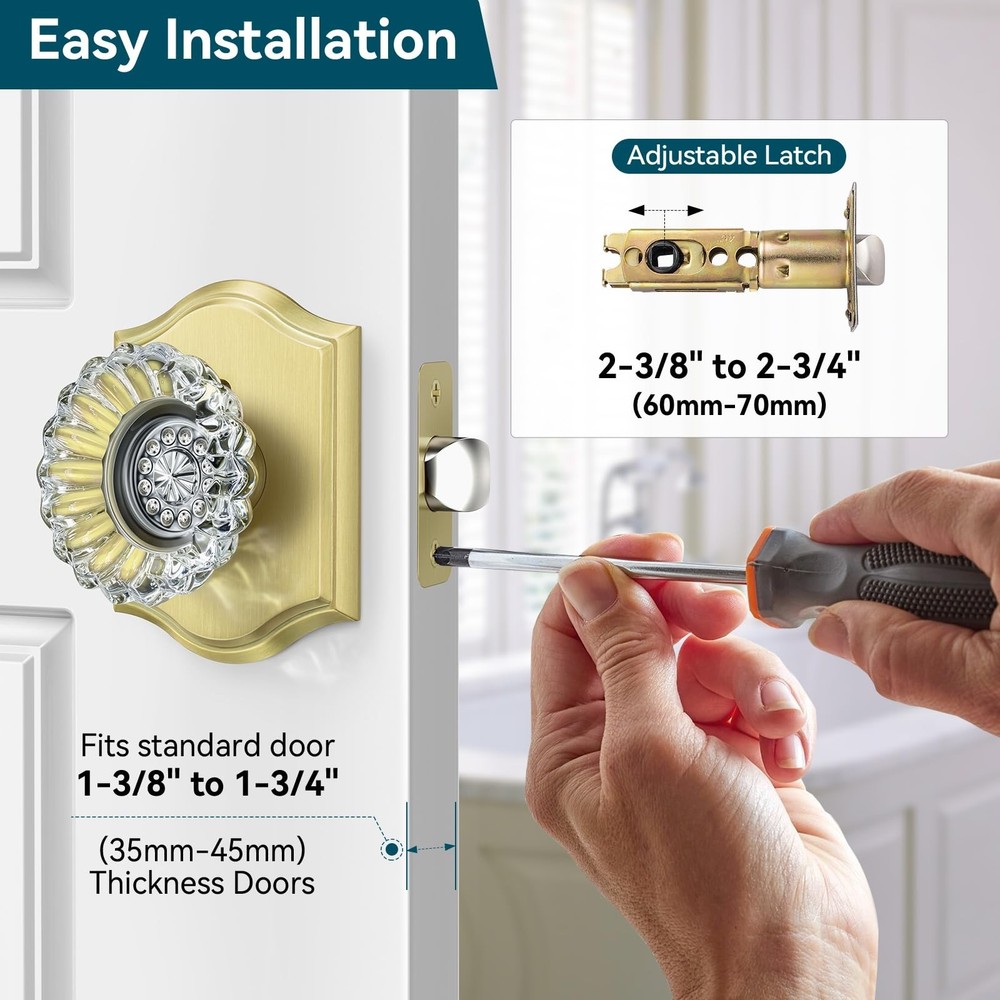 Crystal Door Knobs with Lock, Brushed Gold Glass Door Knobs Interior for Priv...