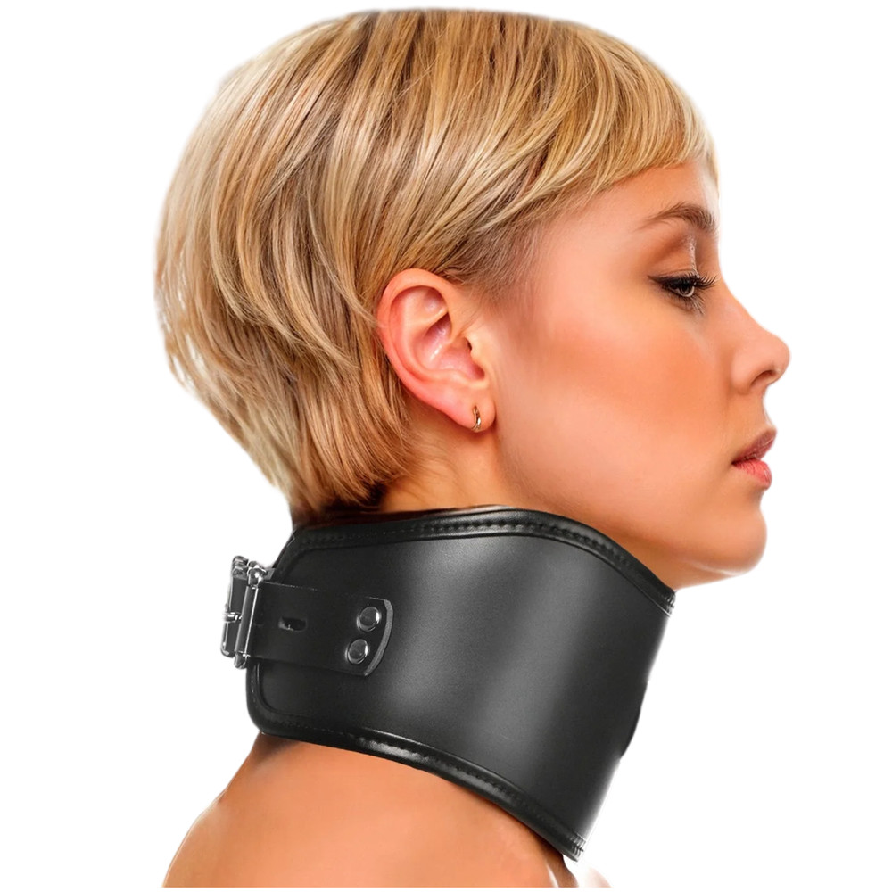 Lockable Padded Neck Restraint Adjustable Collar with Ring BDSM Posture Support