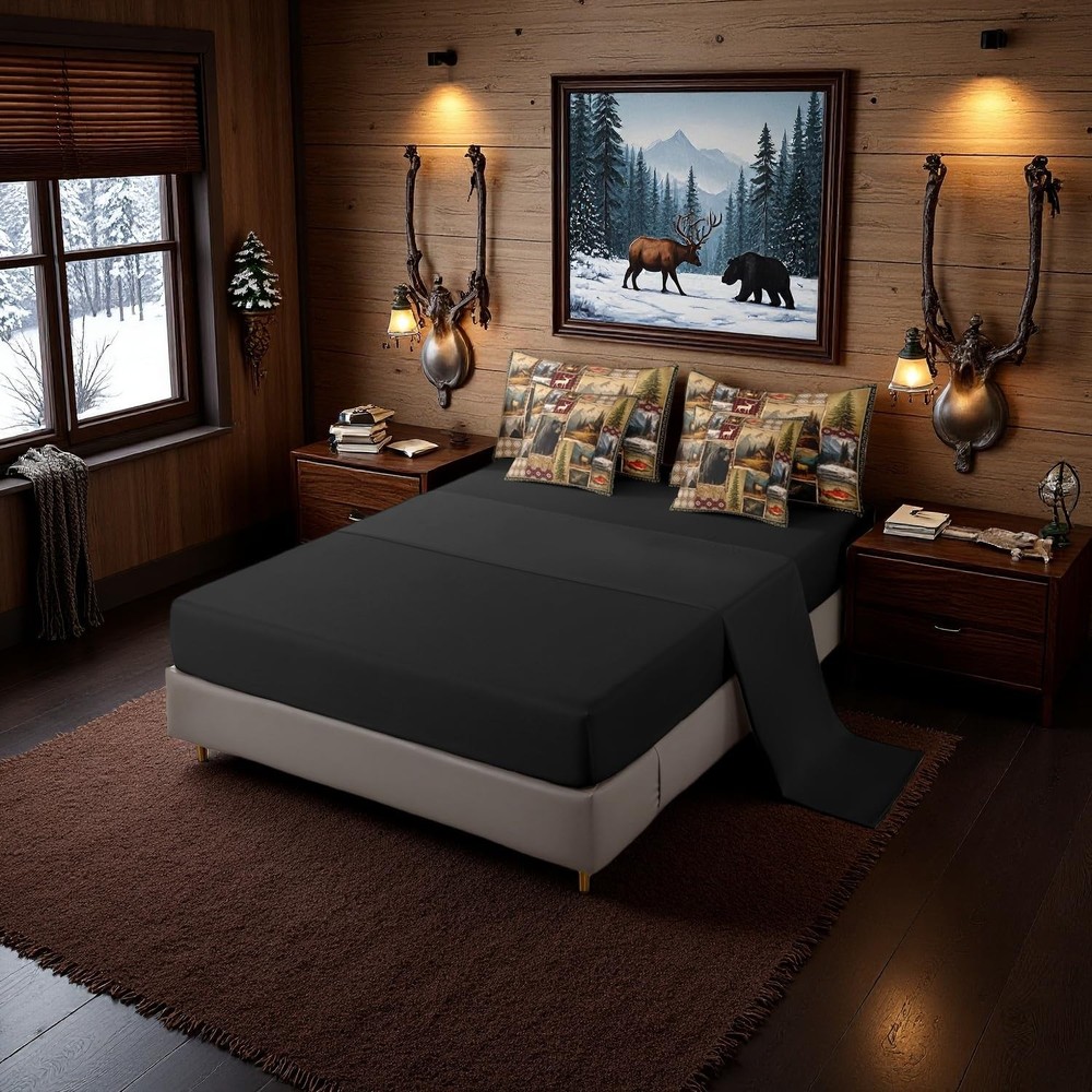 Hunting Bear Deer Comforter Set with Sheets Full, Tribal Brown Patchwork 7 Pi...