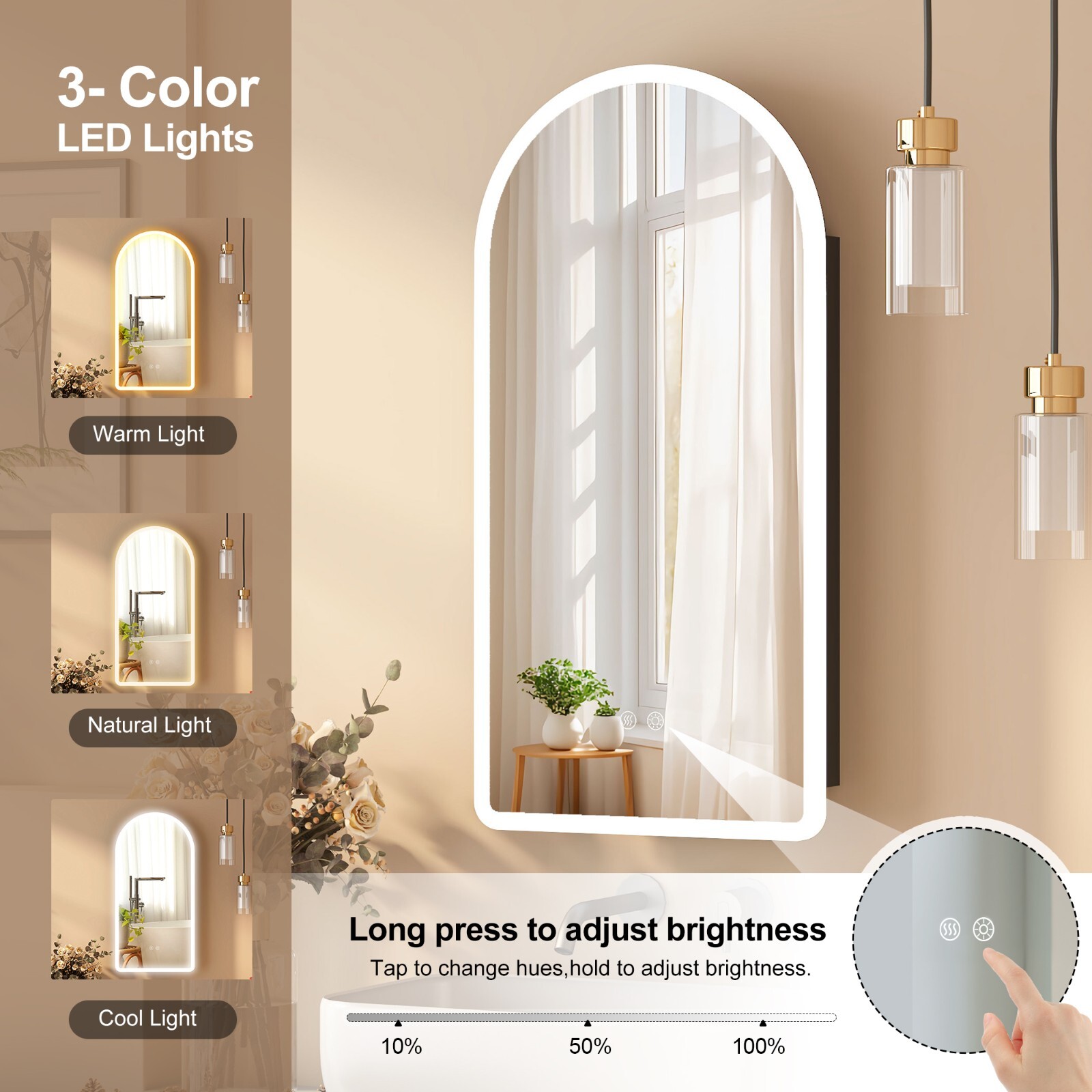 Arched LED Lighted Bathroom Medicine Mirror Cabinet with Anti-Fog Dimmable Light