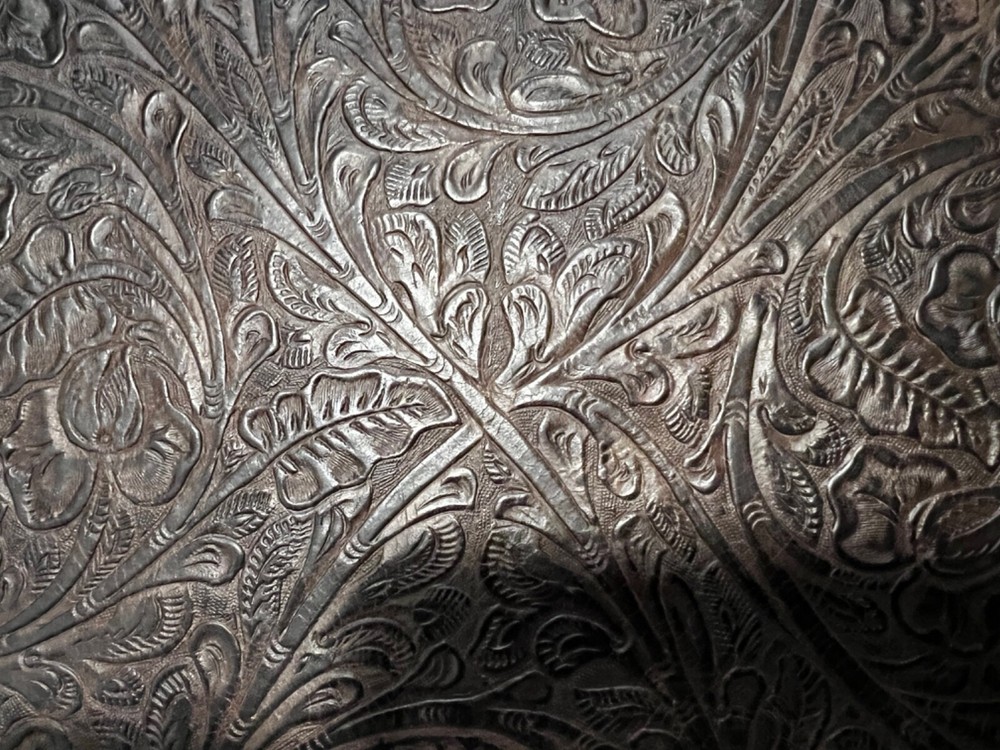 Genuine side,western tooled, rust/cocoa embossed   leather bench with Gold Base