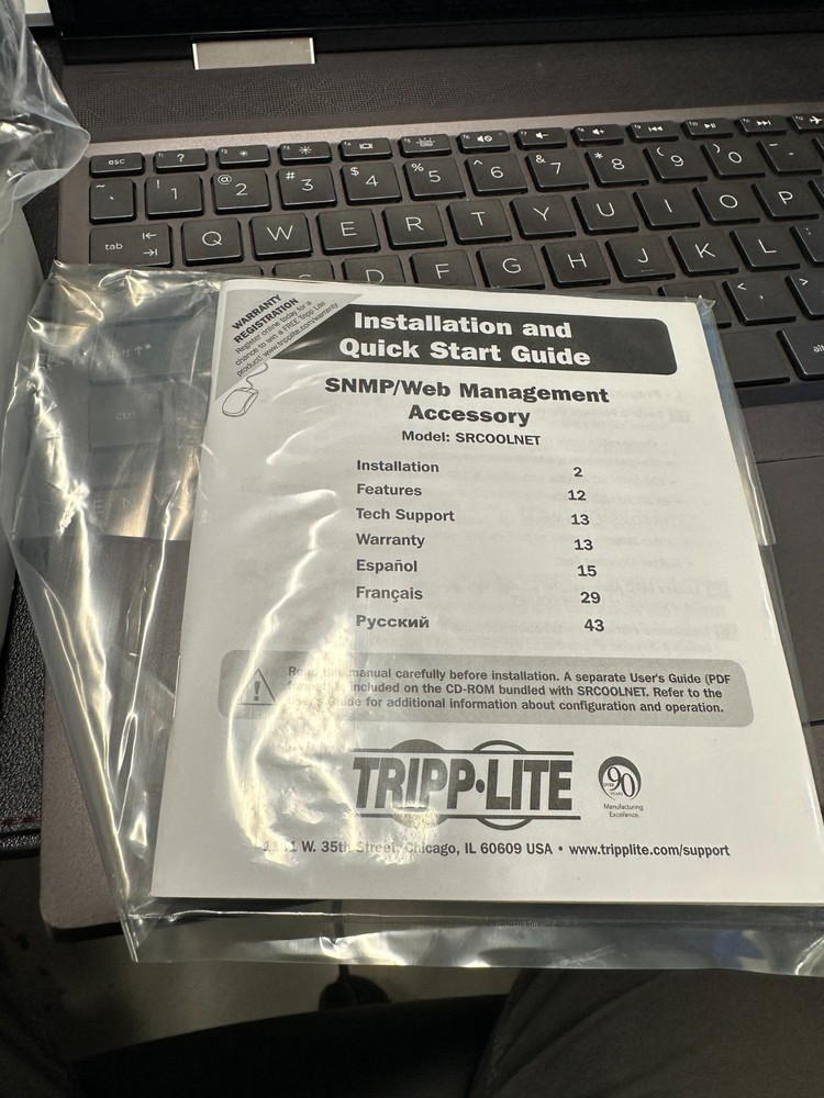 Tripp Lite SRCOOLNET AC8897 SNMP Remote Cooling Management Webcard