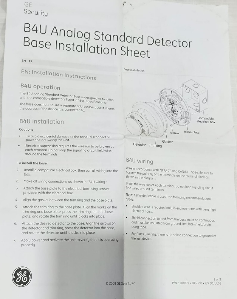GE Edwards B4U Analog Dectector Base for Intelligent Addressable Detector