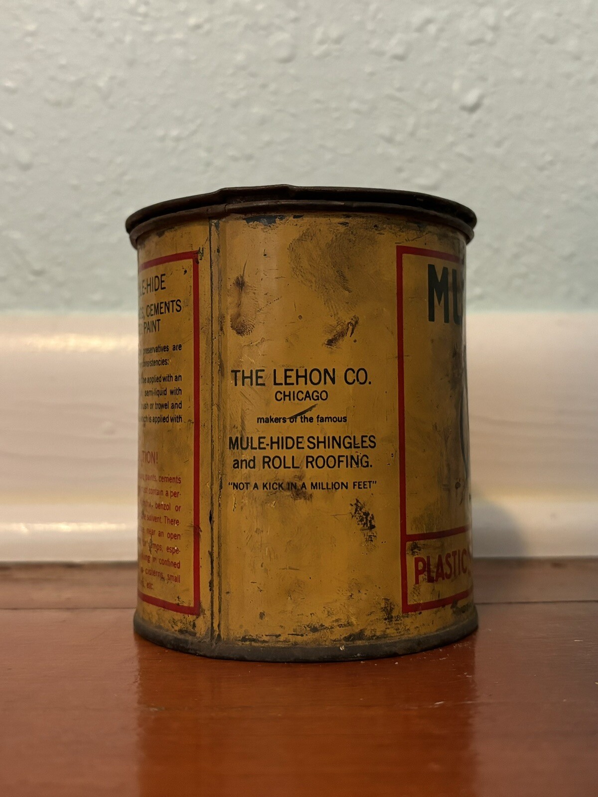 Vintage Mule-Hide Roofs plastic stay-tite cement 1 lb can, The Lehon Co, Chicago