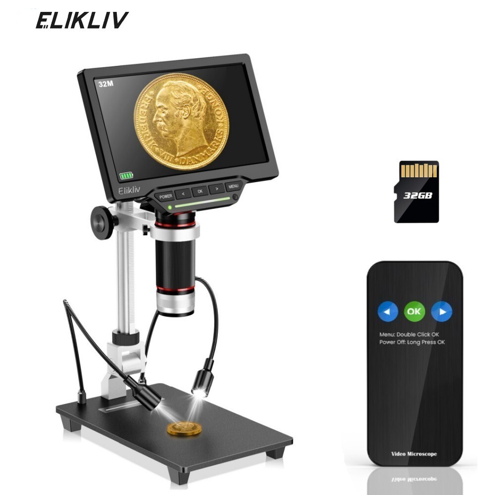 Elikliv 7'' Digital Microscope 10-1300X 16MP 1080P USB Coin Magnifier with Light