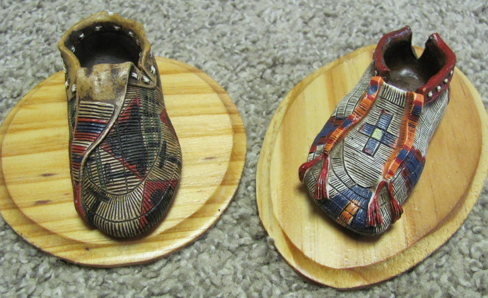 Beautiful Wood Carved Canoe and (2) Native American Moccasins