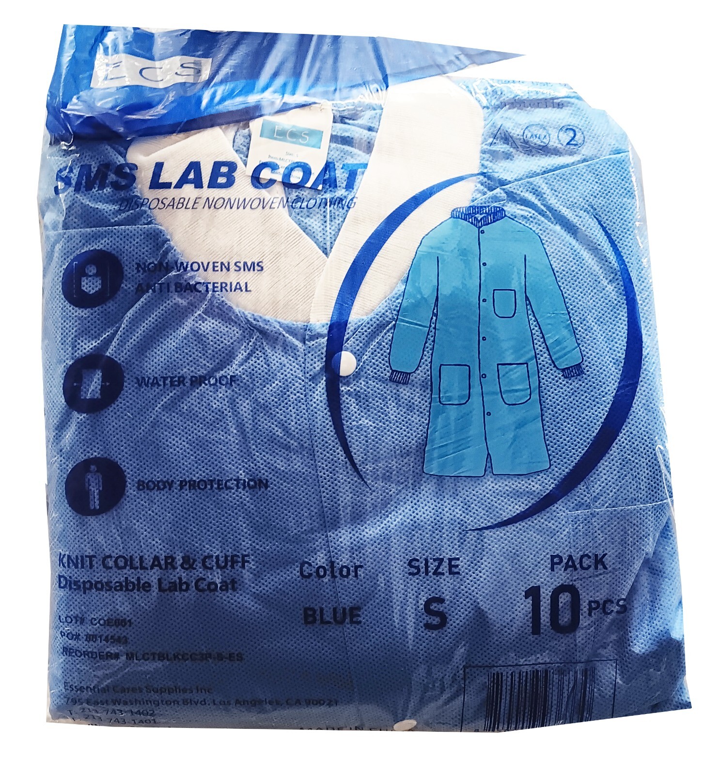 Medical Disposable Lab Coat Gown Knee Length SMS with 3 Pockets Blue (10pc/bag)