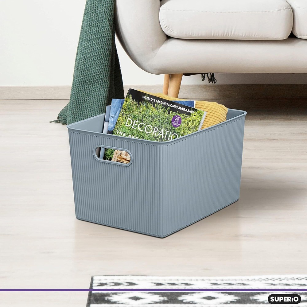 Superio 22L Large Stone Blue Ribbed Storage Bin with Lid, Plastic Storage Bin