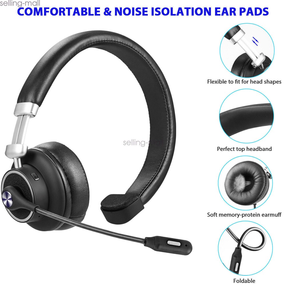 Wireless OfficeTrucker Bluetooth Over Head Headset Noise Cancelling w/Mute Mic