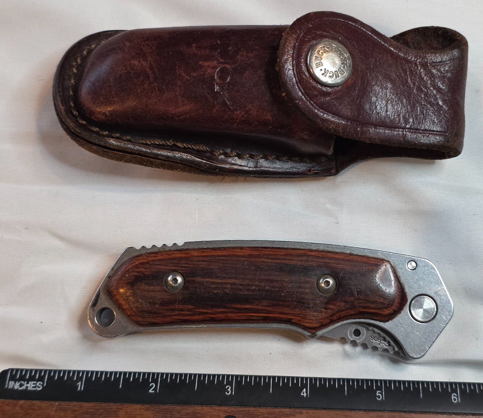 3 7/8" Long Buck Alpha Hunter 277T BOS AT-34 Folding Knife & Sheath, Used